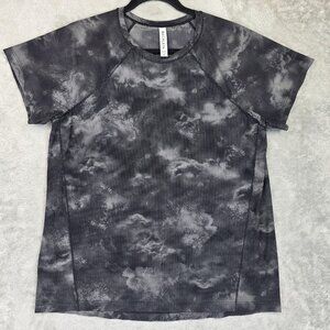 Athleta Shirt Womens Medium Gray Black Cloud Print Short Sleeve Top Athletic